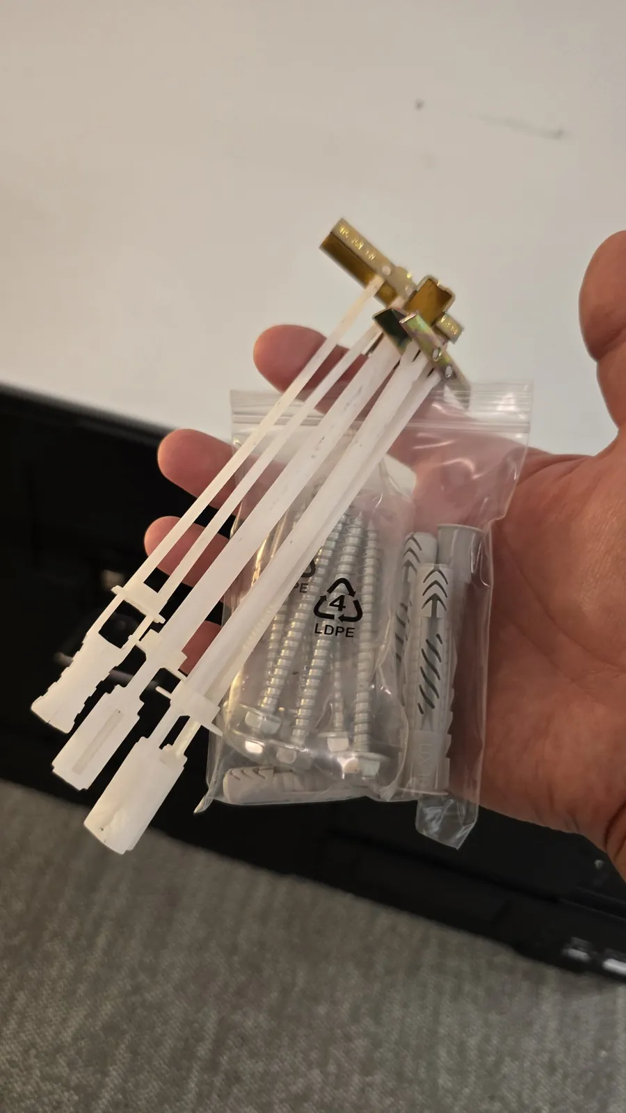 Flip toggle bolts with lag screws and plastic anchors in a hand