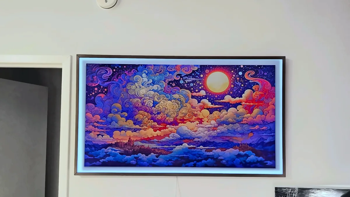 Samsung Frame TV in Art Mode mounted flush to the wall in a Manhattan apartment